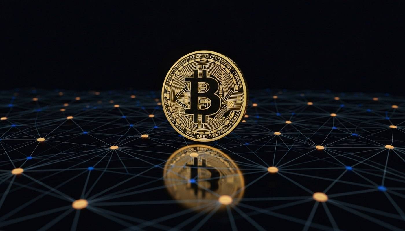 Gold Bitcoin coin standing over a web of connected network nodes