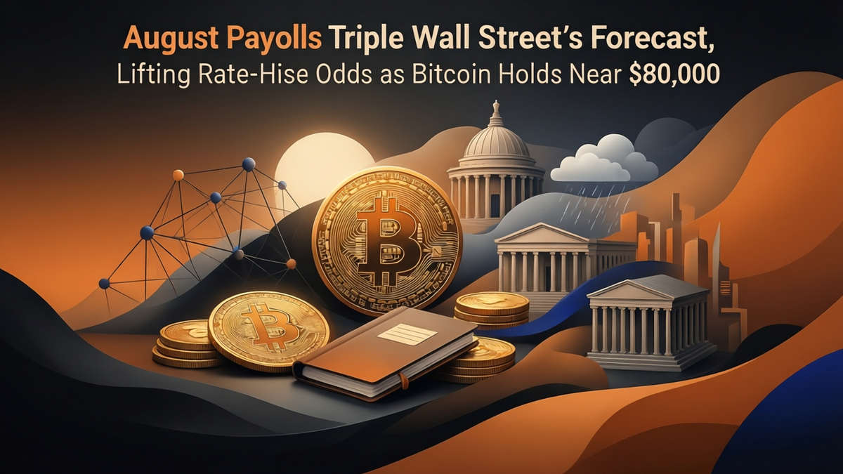 Editorial illustration for: August Payrolls Triple Wall Street's Forecast, Lifting Rate-Hike Odds as Bitcoin Holds Near $80,000