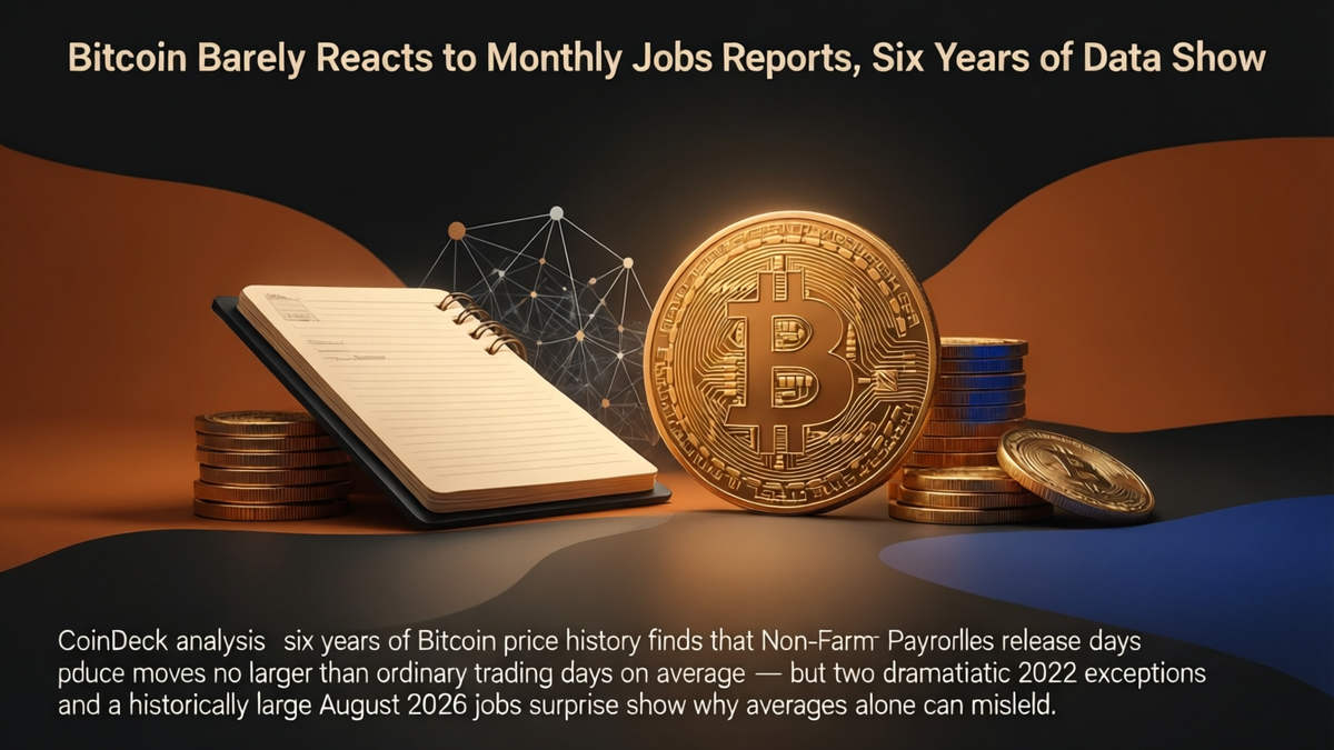 Editorial illustration for: Bitcoin Barely Reacts to Monthly Jobs Reports, Six Years of Data Show