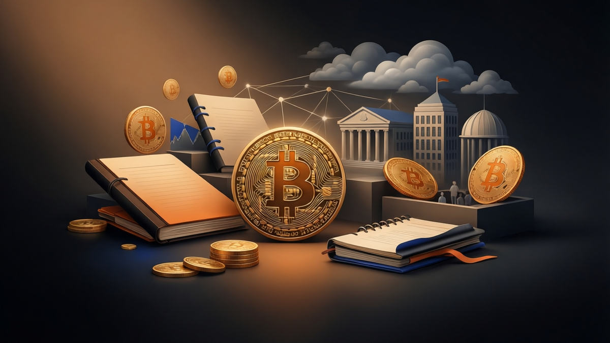 Editorial illustration for: Bitcoin Breaks Below Key Averages Amid Rising Bearish Sentiment and Strategy’s Buying Pause