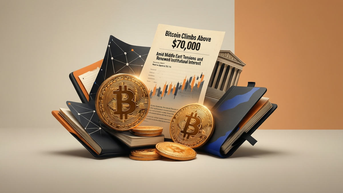 Editorial illustration for: Bitcoin Climbs Above $70,000 Amid Middle East Tensions and Renewed Institutional Interest