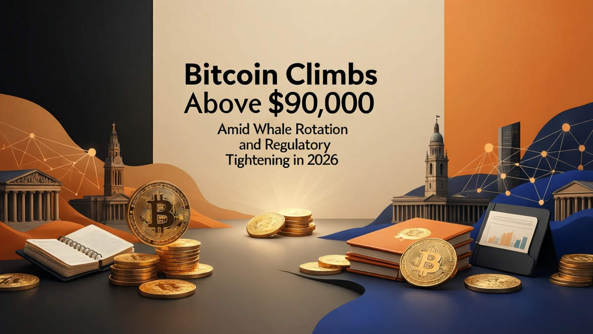 Editorial illustration for: Bitcoin Climbs Above $90,000 Amid Whale Rotation and Regulatory Tightening in 2026