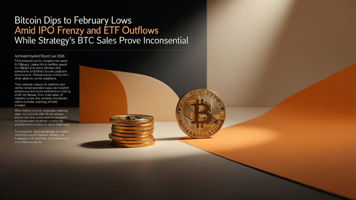 Editorial illustration for: Bitcoin Dips to February Lows Amid IPO Frenzy and ETF Outflows While Strategy’s BTC Sales Prove Inconsequential