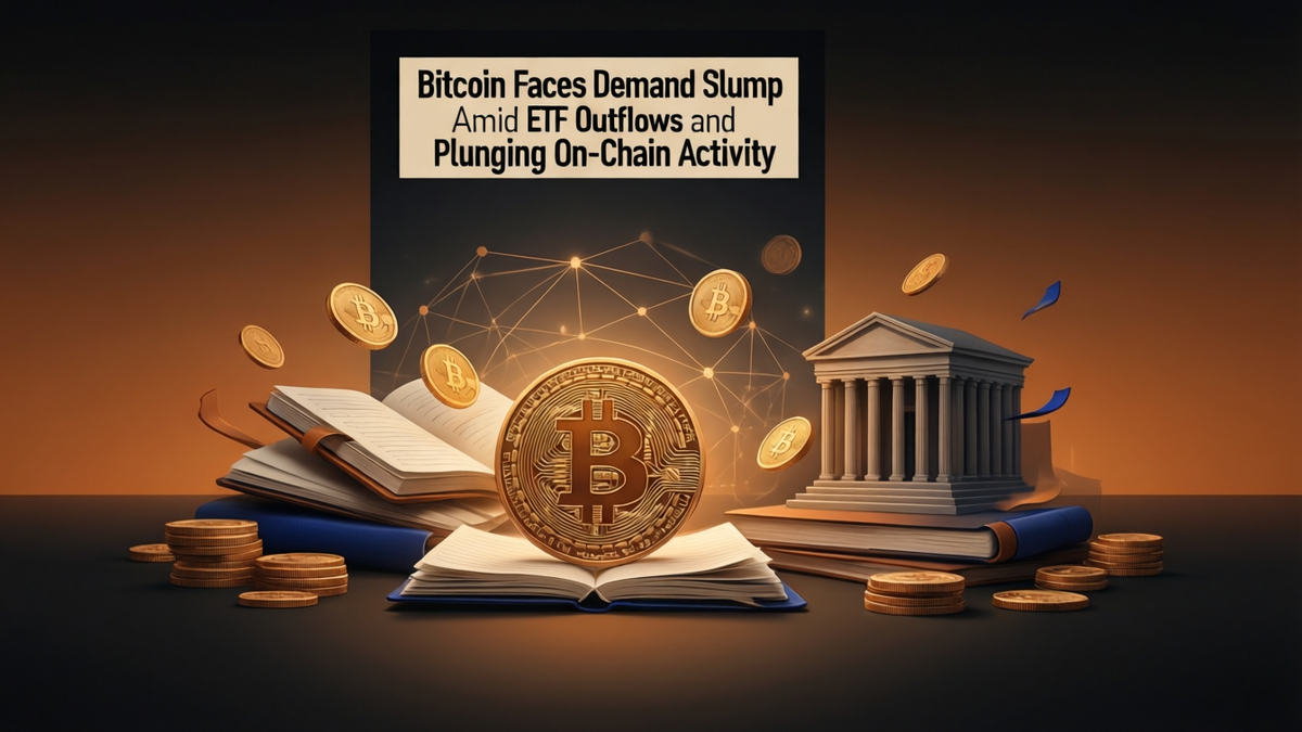 Editorial illustration for: Bitcoin Faces Demand Slump Amid ETF Outflows and Plunging On-Chain Activity