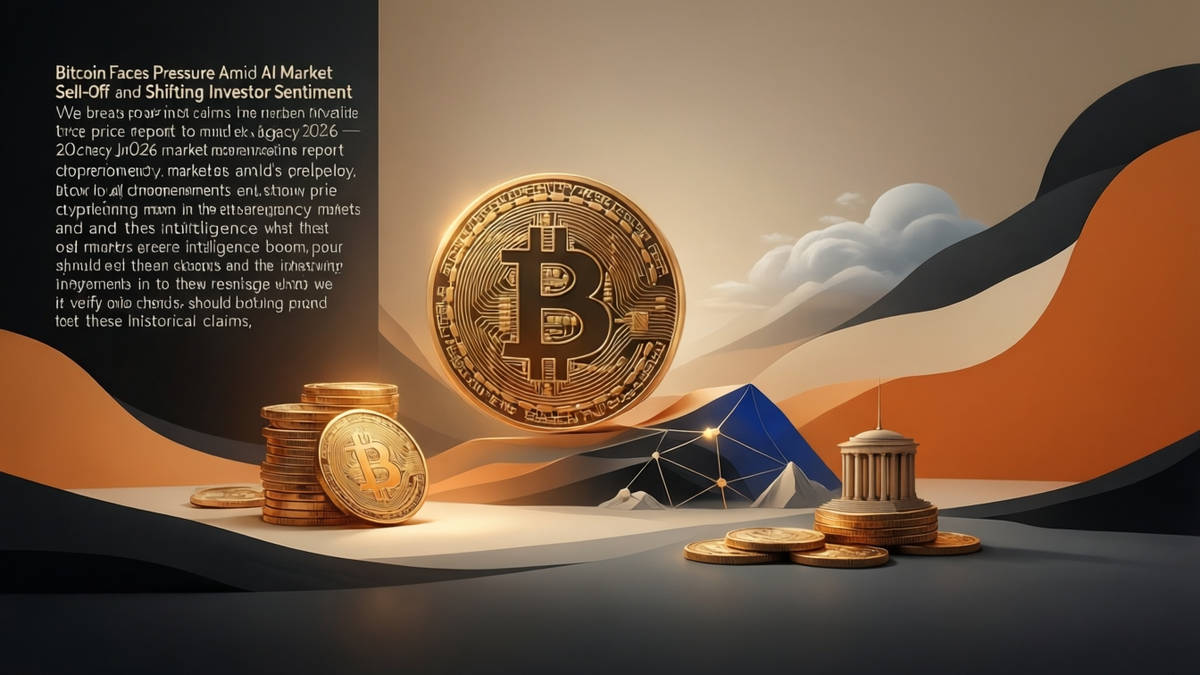 Editorial illustration for: Bitcoin Faces Pressure Amid AI Market Sell-Off and Shifting Investor Sentiment