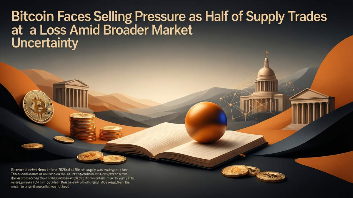Editorial illustration for: Bitcoin Faces Selling Pressure as Half of Supply Trades at a Loss Amid Broader Market Uncertainty