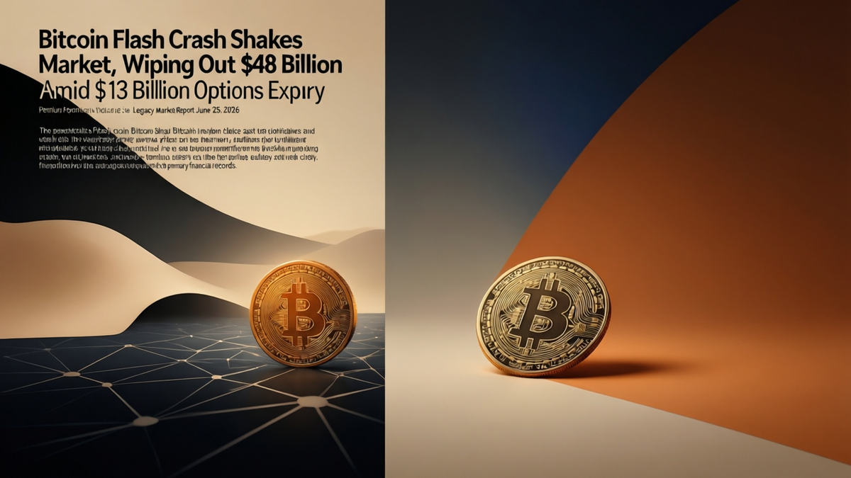 Editorial illustration for: Bitcoin Flash Crash Shakes Market, Wiping Out $48 Billion Amid $13 Billion Options Expiry