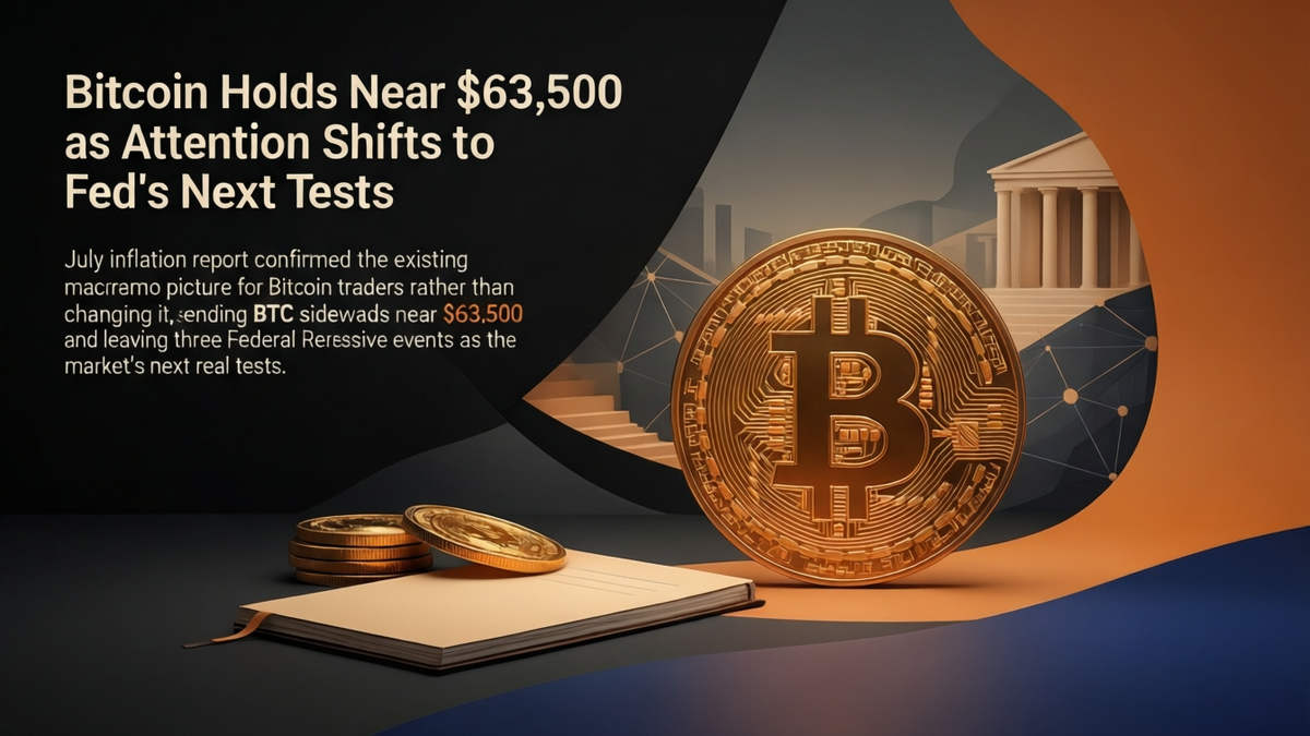 Editorial illustration for: Bitcoin Holds Near $63,500 as Attention Shifts to Fed's Next Tests