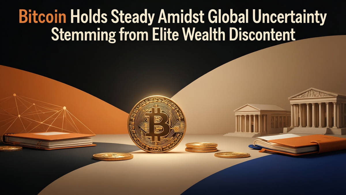 Editorial illustration for: Bitcoin Holds Steady Amidst Global Uncertainty Stemming from Elite Wealth Discontent
