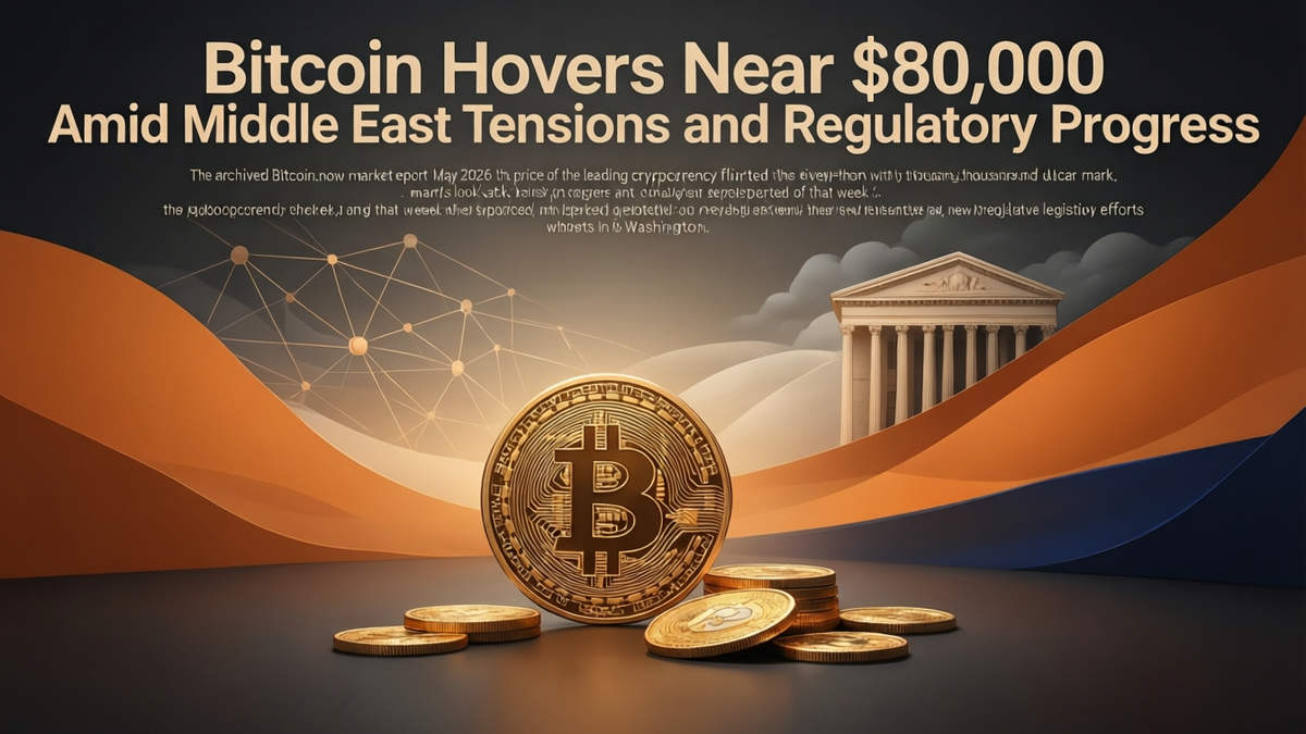Editorial illustration for: Bitcoin Hovers Near $80,000 Amid Middle East Tensions and Regulatory Progress
