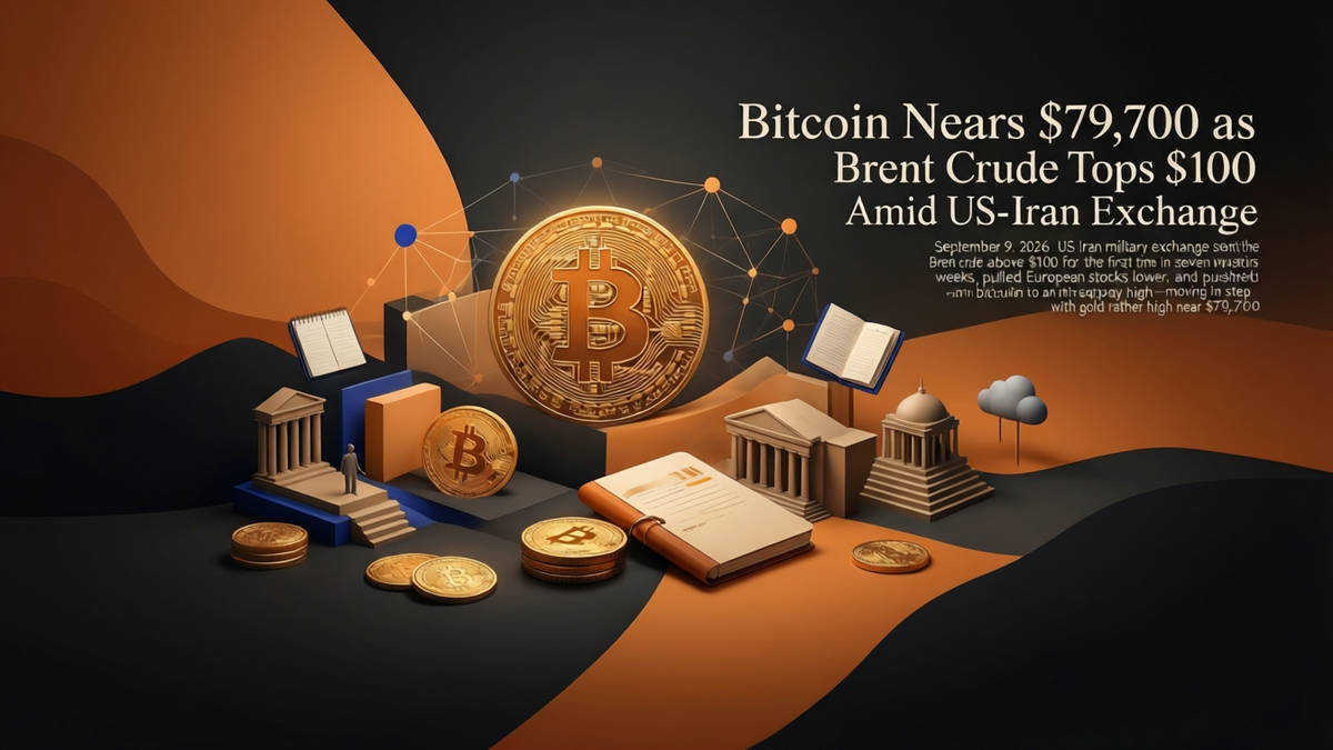 Editorial illustration for: Bitcoin Nears $79,700 as Brent Crude Tops $100 Amid US-Iran Exchange