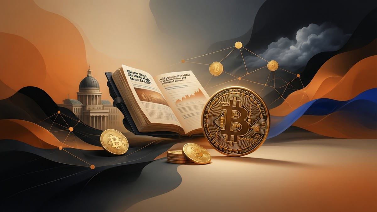 Editorial illustration for: Bitcoin Nears Six-Week High Above $74,000 Amid Optimism Over Middle East Tensions and Institutional Inflows