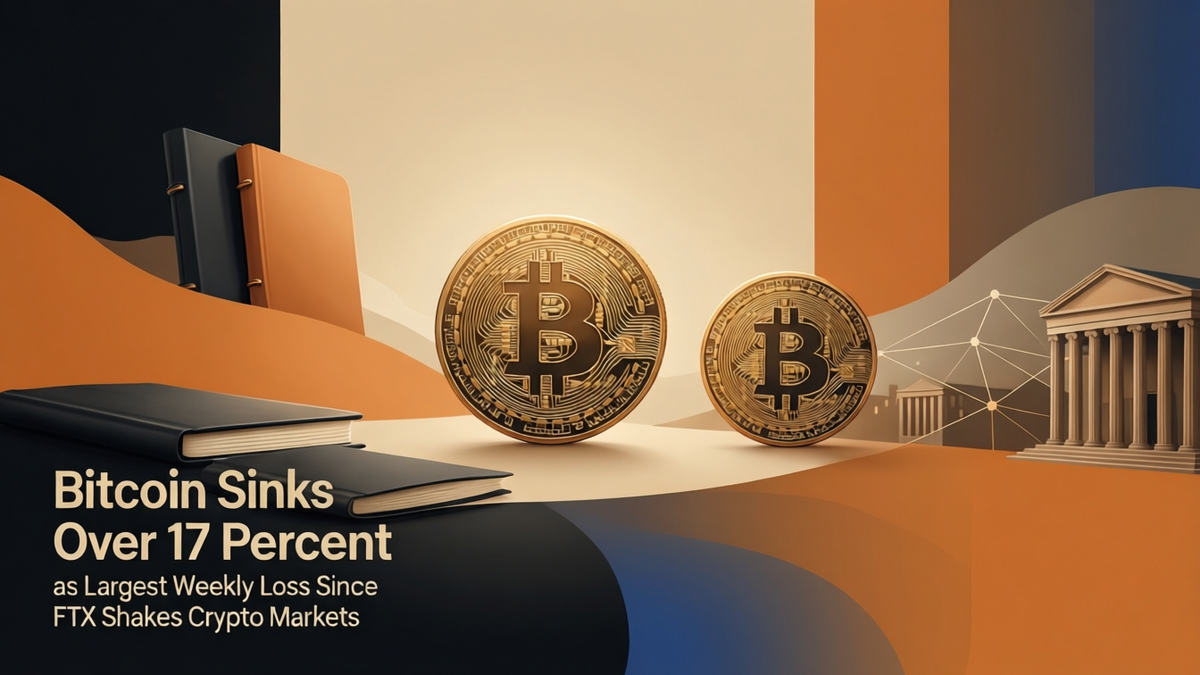 Editorial illustration for: Bitcoin Sinks Over 17 Percent as Largest Weekly Loss Since FTX Shakes Crypto Markets