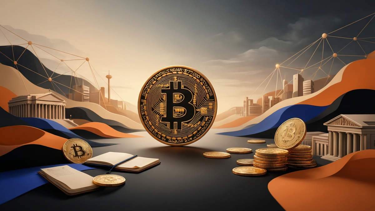 Editorial illustration for: Bitcoin Stalls Near $77,000 as US-Iran Peace Hopes Lift Market Despite Recent Crash from $126,000 High