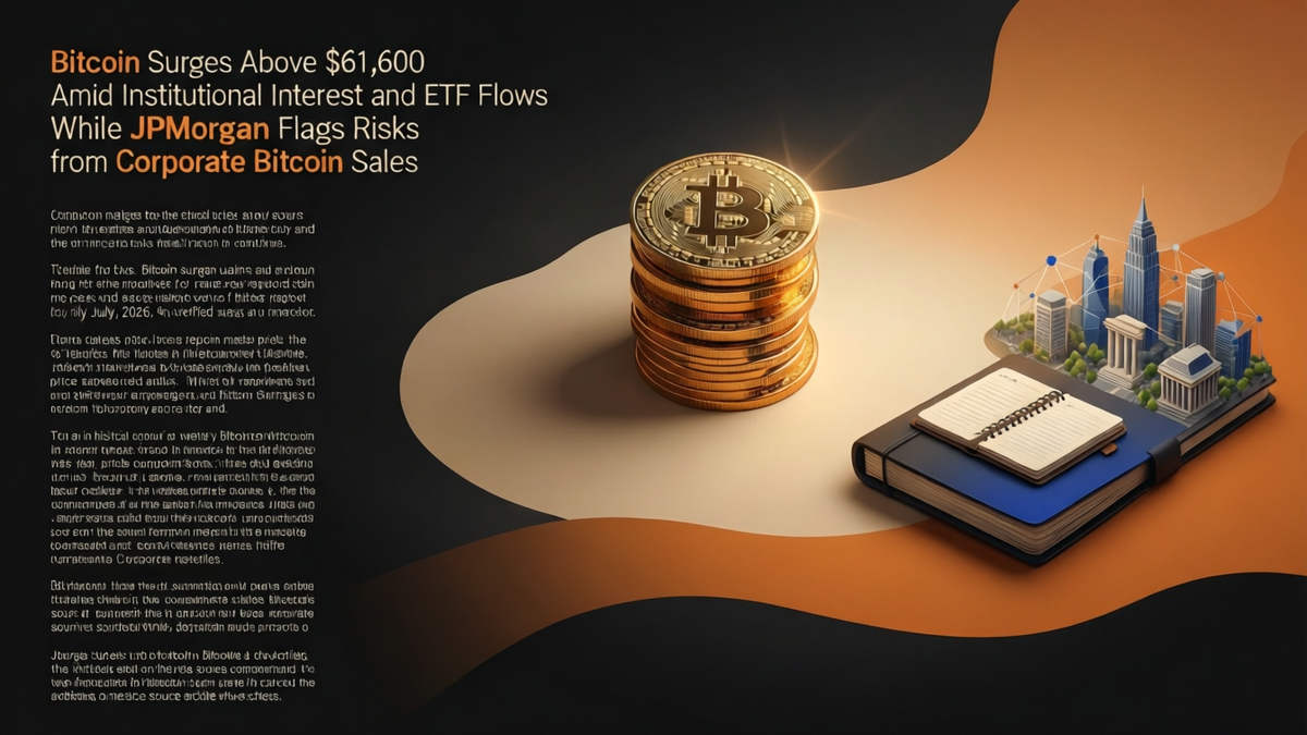 Editorial illustration for: Bitcoin Surges Above $61,600 Amid Institutional Interest and ETF Flows While JPMorgan Flags Risks from Corporate Bitcoin Sales