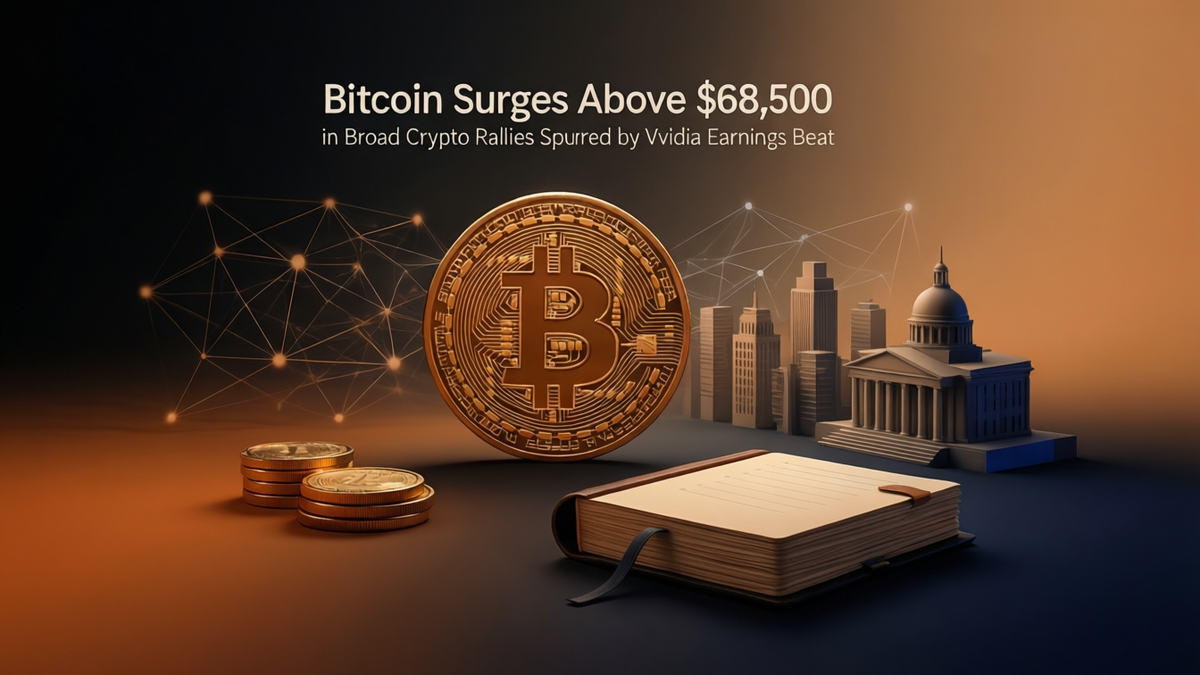 Editorial illustration for: Bitcoin Surges Above $68,500 in Broad Crypto Rallies Spurred by Nvidia Earnings Beat