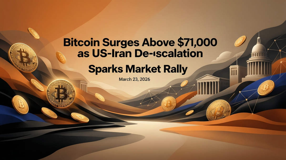 Editorial illustration for: Bitcoin Surges Above $71,000 as US-Iran De-escalation Sparks Market Rally