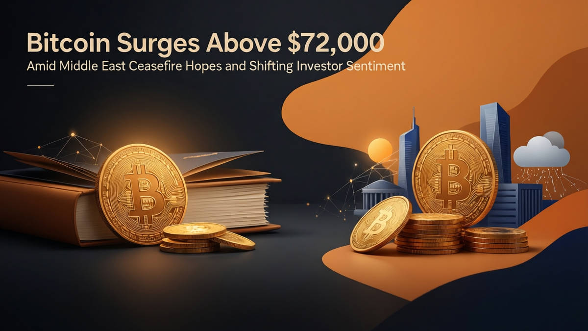 Editorial illustration for: Bitcoin Surges Above $72,000 Amid Middle East Ceasefire Hopes and Shifting Investor Sentiment