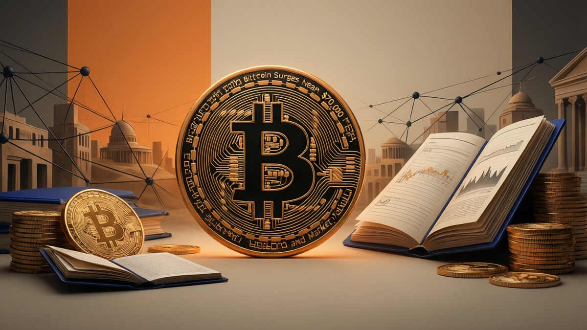 Editorial illustration for: Bitcoin Surges Near $70,000 Amid Middle East Tensions and Market Volatility