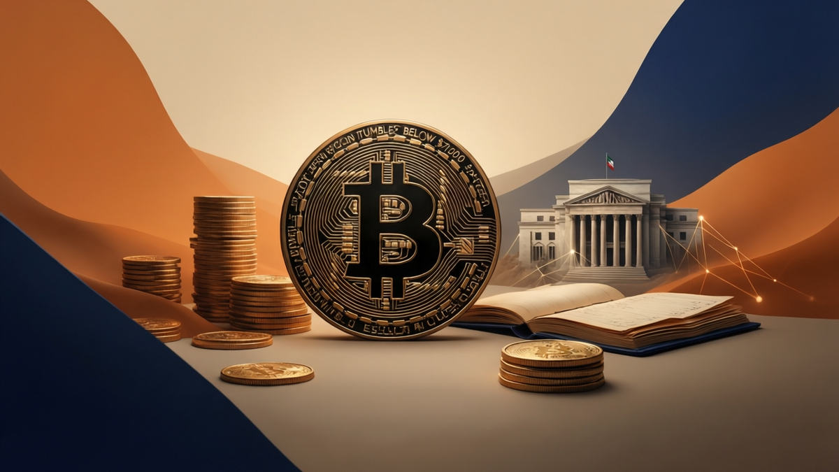 Editorial illustration for: Bitcoin Tumbles Below $71,000 Amid Fed Hawkishness and Iran Conflict Escalation