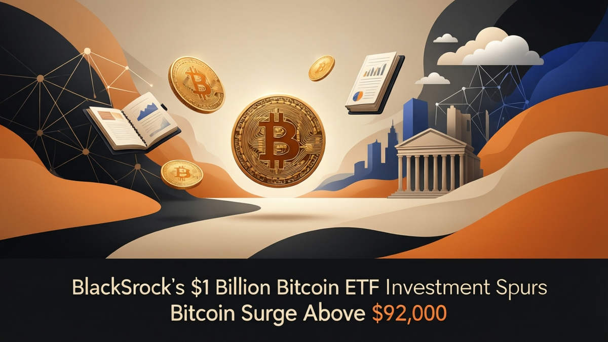 Editorial illustration for: BlackRock’s $1 Billion Bitcoin ETF Investment Spurs Bitcoin Surge Above $92,000