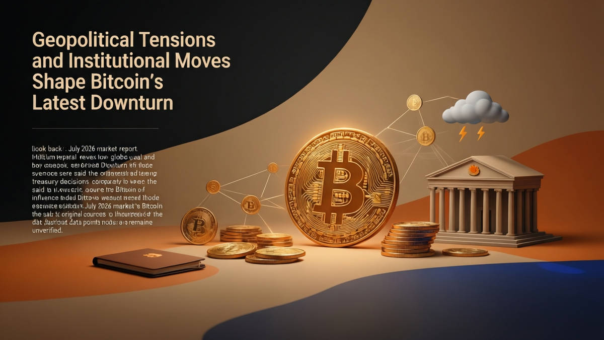 Editorial illustration for: Geopolitical Tensions and Institutional Moves Shape Bitcoin’s Latest Downturn