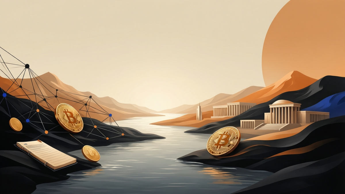 Editorial illustration for: Iran Launches Bitcoin-Backed Shipping Insurance Amidst Strait of Hormuz Tensions