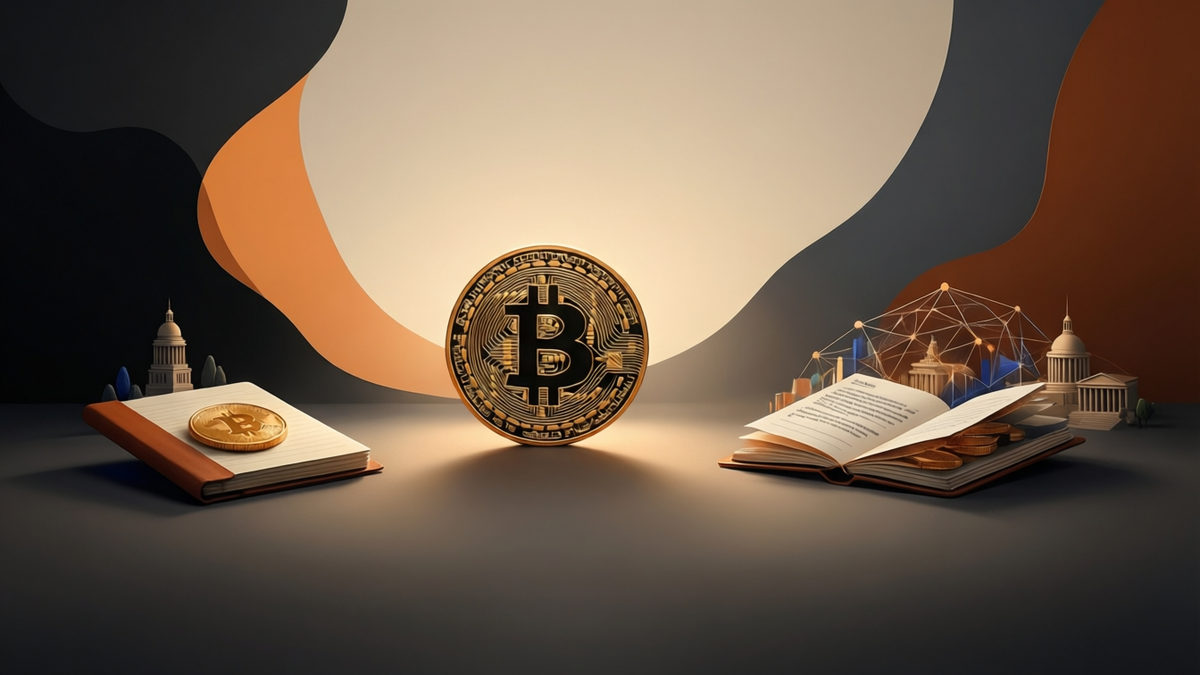 Editorial illustration for: Larry Fink Declares Bitcoin Bottom While BTC Navigates Mixed Macro and AI Pressures