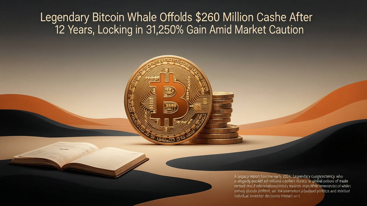 Editorial illustration for: Legendary Bitcoin Whale Offloads $260 Million Cache After 12 Years, Locking in 31,250% Gain Amid Market Caution