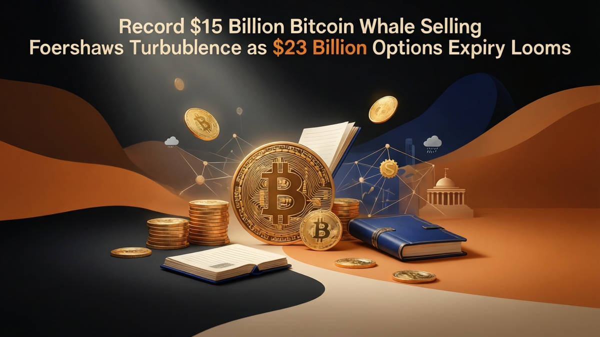 Editorial illustration for: Record $15 Billion Bitcoin Whale Selling Foreshadows Turbulence as $23 Billion Options Expiry Looms