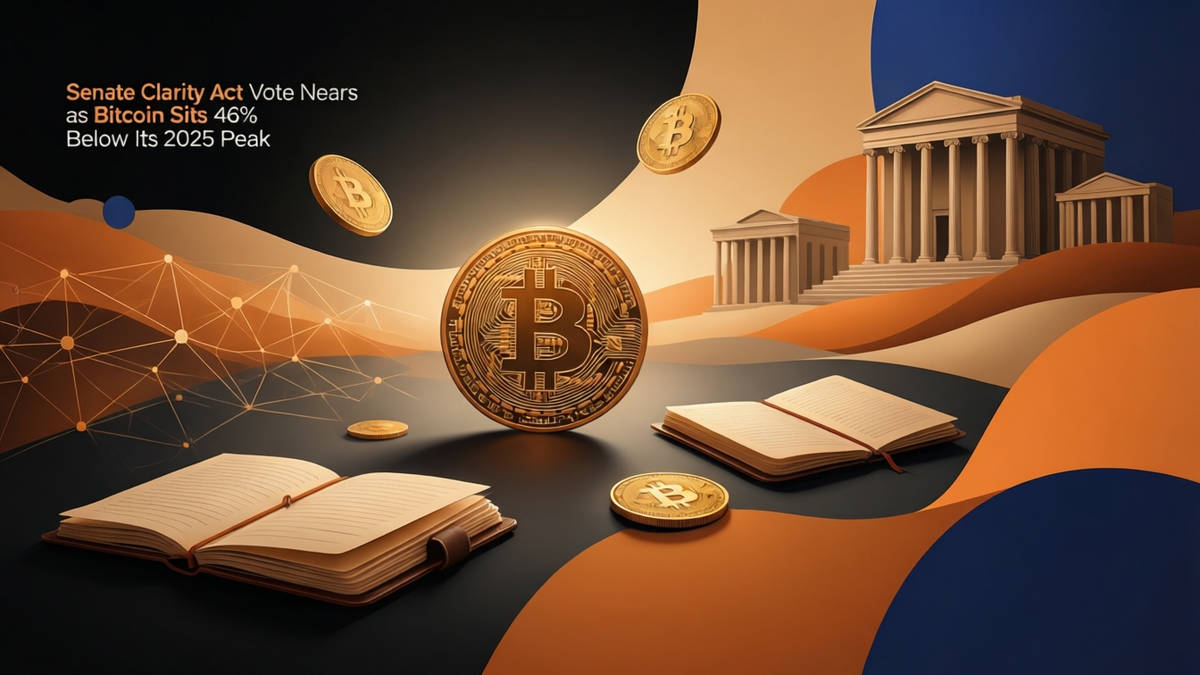 Editorial illustration for: Senate Clarity Act Vote Nears as Bitcoin Sits 46% Below Its 2025 Peak