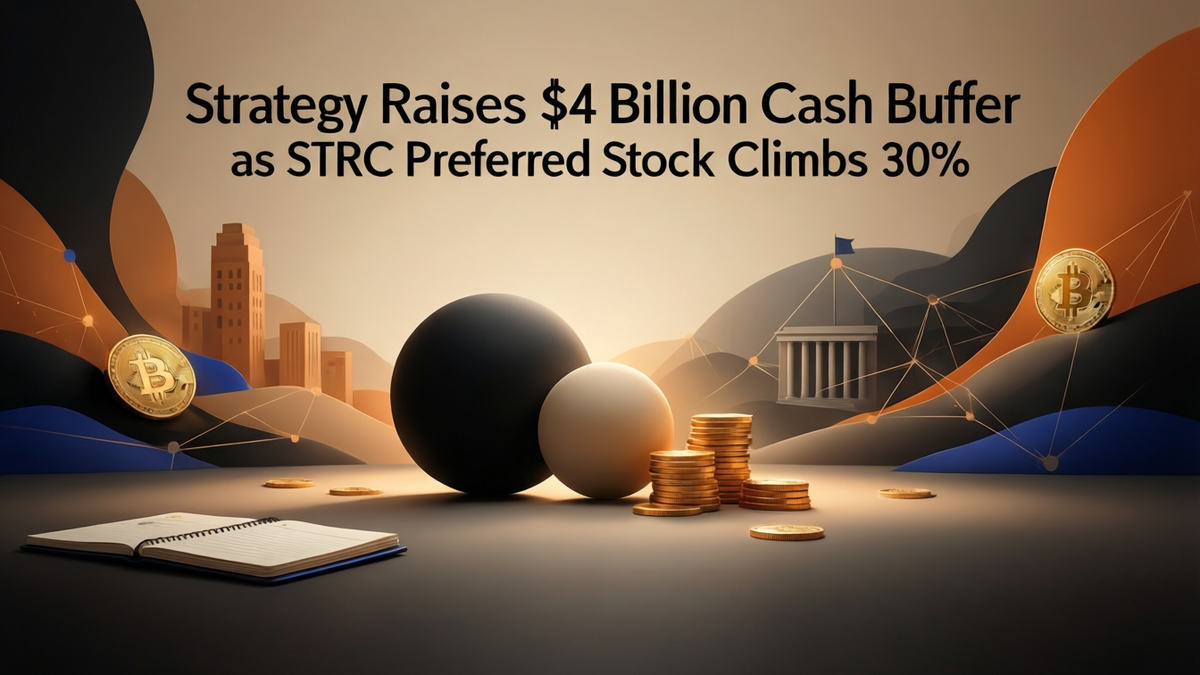 Editorial illustration for: Strategy Raises $4 Billion Cash Buffer as STRC Preferred Stock Climbs 30%