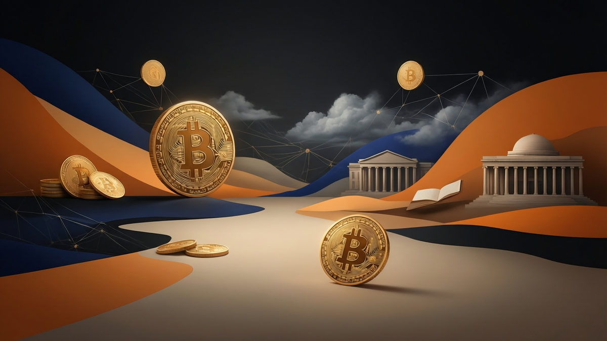 Editorial illustration for: Trump’s Iran Stance Drives Bitcoin Below $66,000 Amid Rising Safe-Haven Dollar Demand
