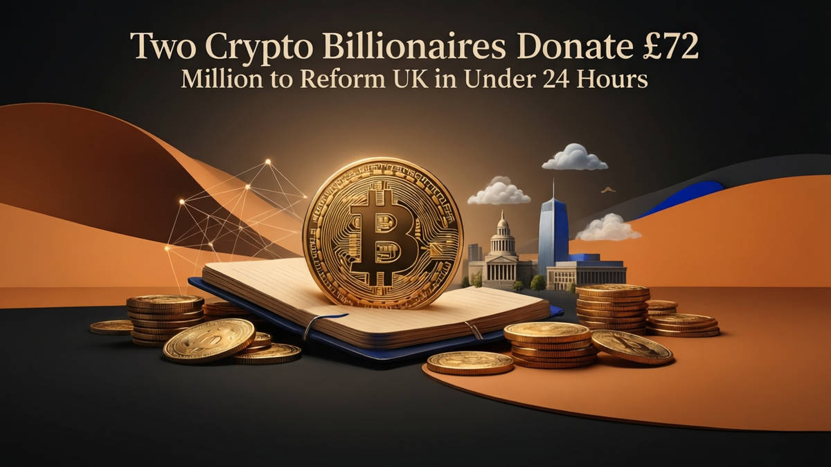 Editorial illustration for: Two Crypto Billionaires Donate £72 Million to Reform UK in Under 24 Hours